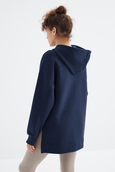 Tommylife Toptan İndigo Reglan Kol Basic Kapüşonlu Oversize Tunik - 97242 - Thumbnail