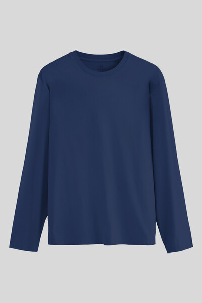 TOMMYLIFE - Tommylife Toptan İndigo Standart Fit Basic O Yaka Uzun Kollu İnce Erkek T-Shirt - 87997
