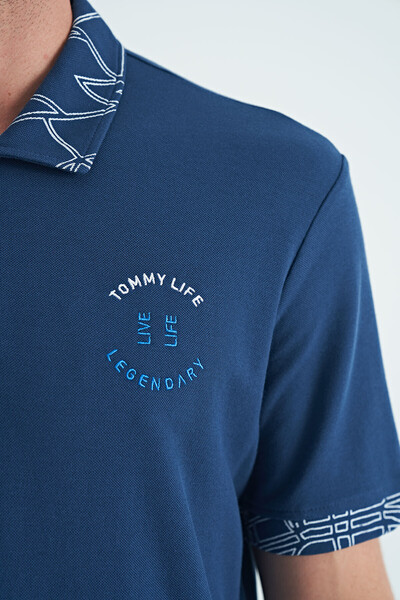 Tommylife Toptan İndigo Yazı Nakışlı Baskı Detaylı Standart Kalıp Polo Yaka Erkek T-Shirt - 88239 - Thumbnail