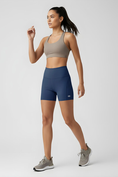 TOMMYLIFE - Tommlife Toptan İndigo Yüksek Bel Slim Fit Kısa Biker Kadın Tayt - 91017