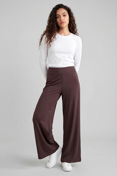 Tommylife Toptan Kahverengi Comfort Fit Geniş Paça Korsajlı Palazzo Kadın Pantolon - 94681 - Thumbnail