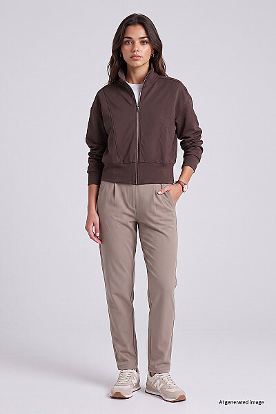 Tommylife Toptan Kahverengi Dik Yaka Standart Kalıp Crop Kadın Sweatshirt - 97317 - 2