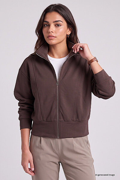 Tommylife Toptan Kahverengi Dik Yaka Standart Kalıp Crop Kadın Sweatshirt - 97317