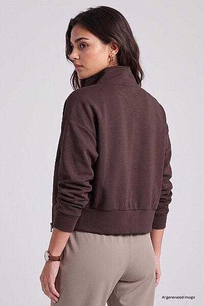 Tommylife Toptan Kahverengi Dik Yaka Standart Kalıp Crop Kadın Sweatshirt - 97317 - 5