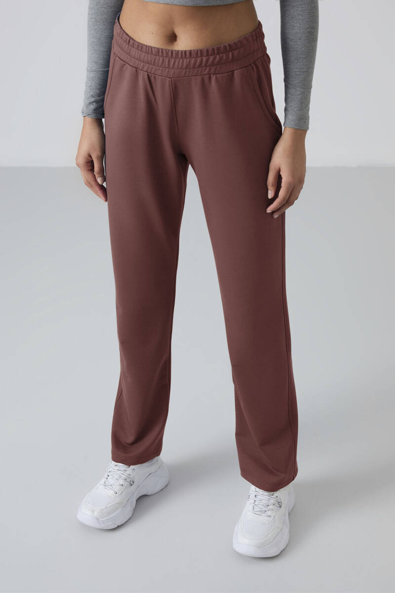 TOMMYLIFE - Tommylife Toptan Kahverengi Yüksek Bel Cepli Rahat Form Klasik Paça Kadın Eşofman Alt - 94584