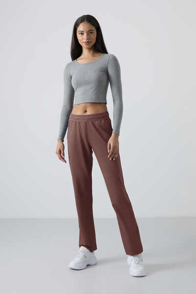 Tommylife Toptan Kahverengi Yüksek Bel Cepli Rahat Form Klasik Paça Kadın Eşofman Alt - 94584 - Thumbnail