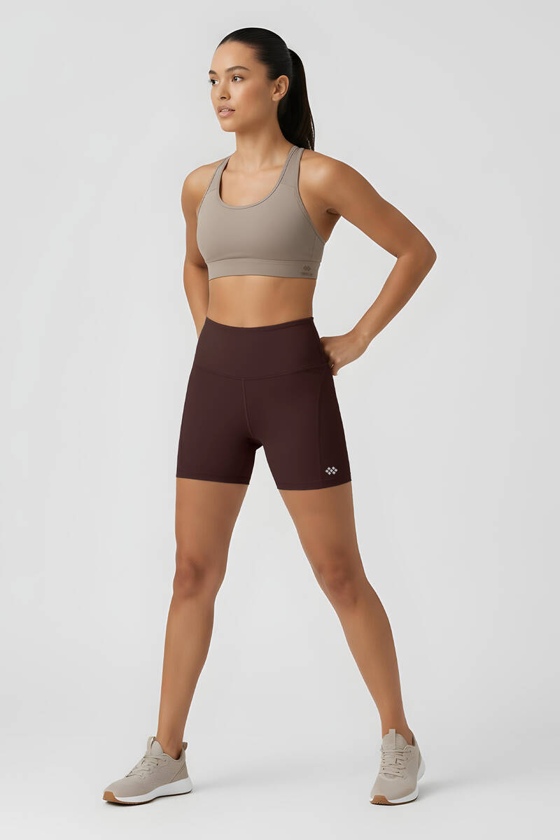 TOMMYLIFE - Tommlife Toptan Kahverengi Yüksek Bel Slim Fit Kısa Biker Kadın Tayt - 91017