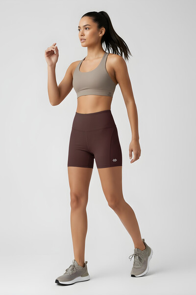 Tommlife Toptan Kahverengi Yüksek Bel Slim Fit Kısa Biker Kadın Tayt - 91017 - Thumbnail