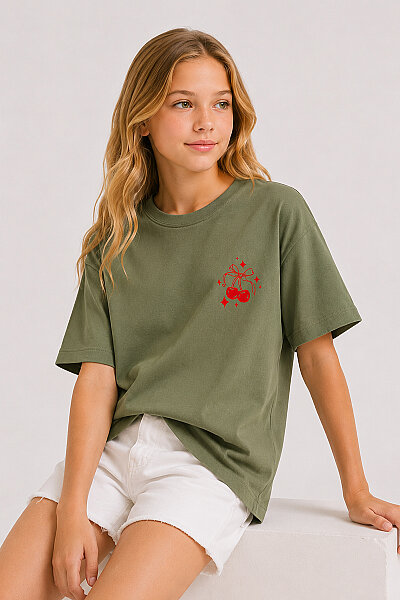 Tommylife Toptan Kaktüs Oversize Kısa Kollu Baskılı Kız Çocuk T-Shirt - 75176