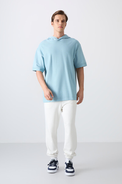 Tommylife Toptan Kapüşonlu Oversize Basic Erkek T-Shirt 88335 Açık Mavi - Thumbnail