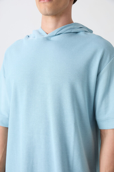 Tommylife Toptan Kapüşonlu Oversize Basic Erkek T-Shirt 88335 Açık Mavi - Thumbnail