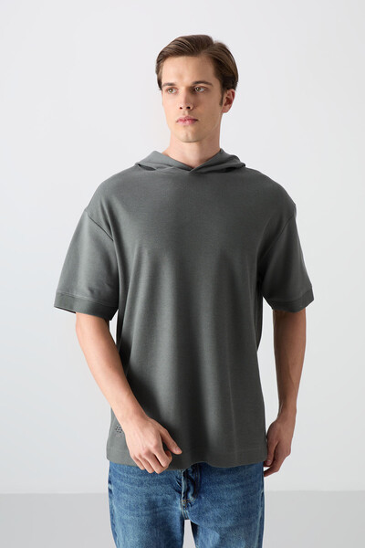 Tommylife Toptan Kapüşonlu Oversize Basic Erkek T-Shirt 88335 Haki - Thumbnail