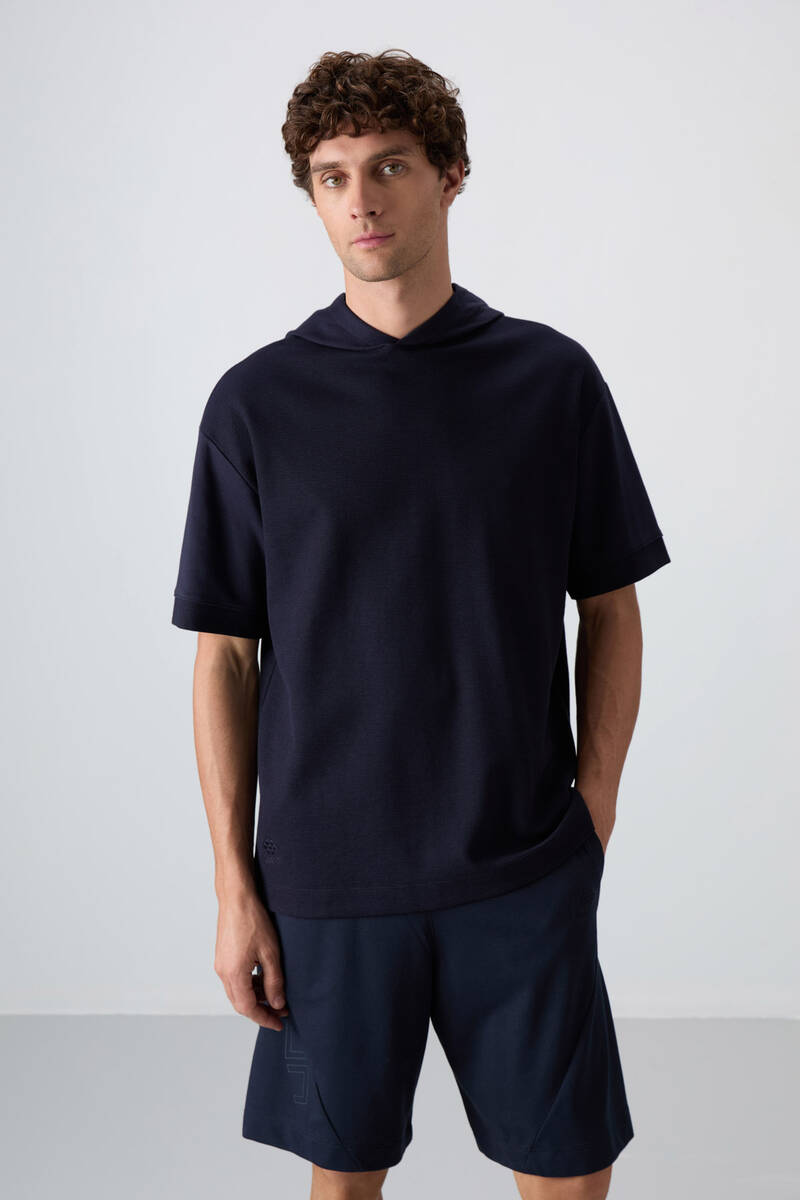 TOMMYLIFE - Tommylife Toptan Kapüşonlu Oversize Basic Erkek T-Shirt 88335 Lacivert