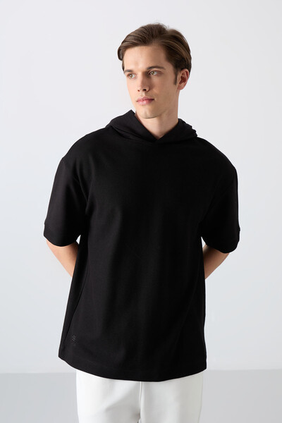 Tommylife Toptan Kapüşonlu Oversize Basic Erkek T-Shirt 88335 Siyah - Thumbnail