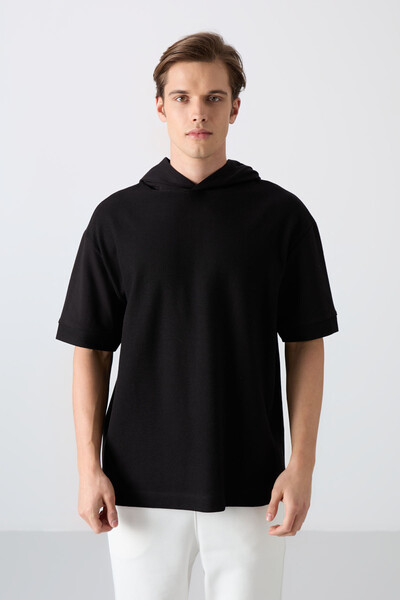 Tommylife Toptan Kapüşonlu Oversize Basic Erkek T-Shirt 88335 Siyah - Thumbnail