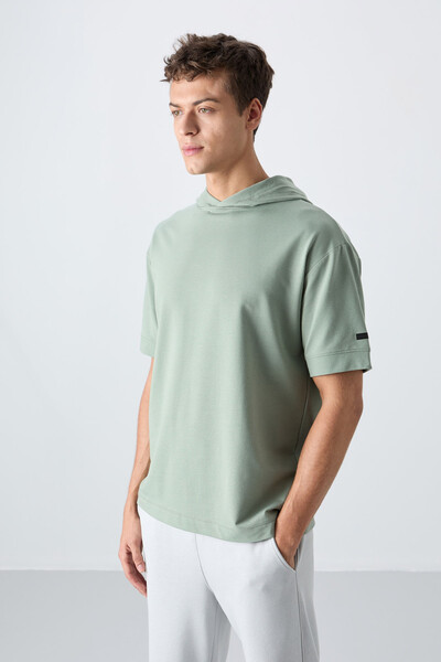 Tommylife Toptan Kapüşonlu Oversize Basic Erkek T-Shirt 88352 Açık Yeşil - Thumbnail