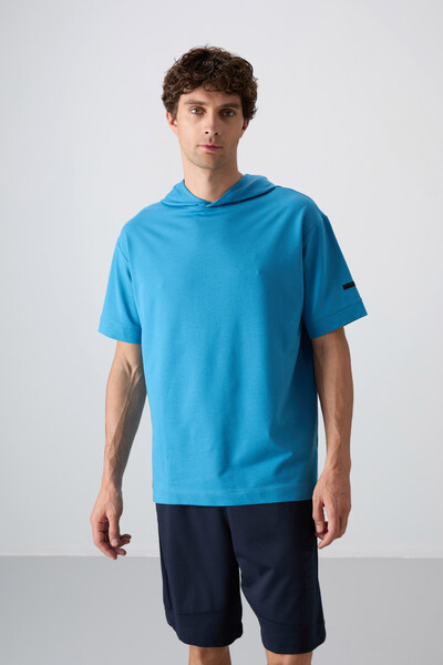 Tommylife Toptan Kapüşonlu Oversize Basic Erkek T-Shirt 88352 Petrol Mavi - Thumbnail