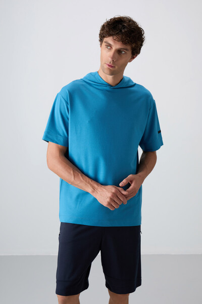 Tommylife Toptan Kapüşonlu Oversize Basic Erkek T-Shirt 88352 Petrol Mavi - Thumbnail