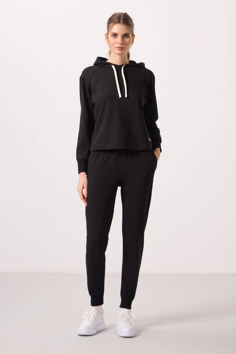 TOMMYLIFE - Tommylife Toptan Kapüşonlu Oversize Kadın Eşofman Takım - 95336 Siyah