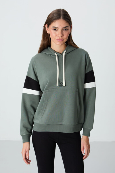 Tommylife Toptan Kapüşonlu Oversize Kadın Sweatshirt 97290 Haki - Thumbnail