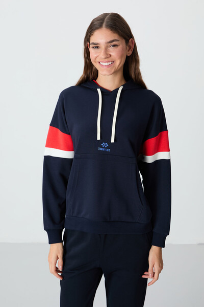 Tommylife Toptan Kapüşonlu Oversize Kadın Sweatshirt 97290 İndigo - Thumbnail