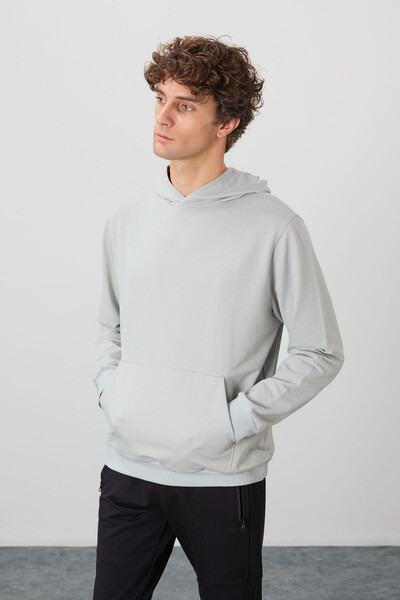 Tommylife Toptan Kapüşonlu Standart Kalıp Basic Erkek Sweatshirt 88362 Taş - Thumbnail