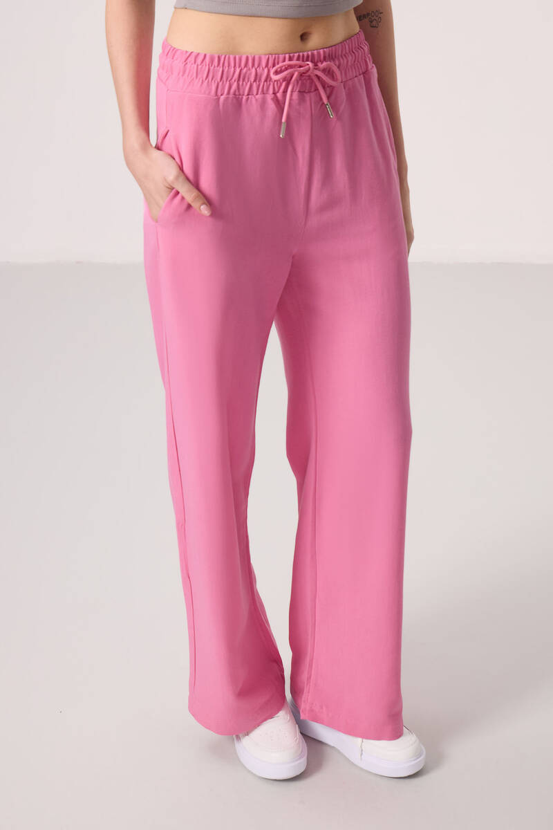 TOMMYLIFE - Tommylife Toptan Keten Geniş Paça Rahat Form Kadın Palazzo Pantolon - 94675 Fuşya