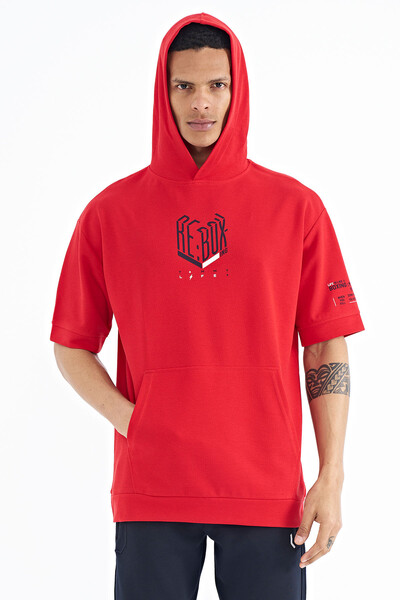 Tommylife Toptan Kırmızı Kol ve Ön Baskılı Kapüşonlu Oversize Erkek T-Shirt - 88194 - Thumbnail