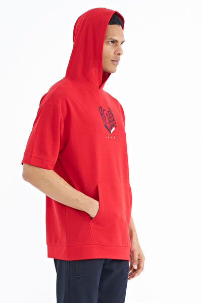 Tommylife Toptan Kırmızı Kol ve Ön Baskılı Kapüşonlu Oversize Erkek T-Shirt - 88194 - Thumbnail