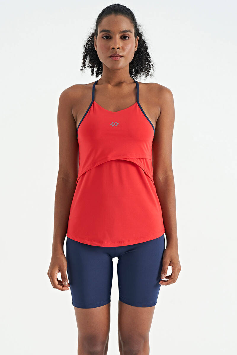 TOMMYLIFE - Tommylife Toptan Kırmızı Sırt Çarpraz Askı Detaylı Standart Kalıp Kadın Spor Atlet - 97261