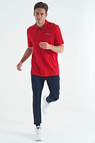 Tommylife Toptan Kırmızı Yazı Nakışlı Baskı Detaylı Standart Kalıp Polo Yaka Erkek T-Shirt - 88239 - Thumbnail
