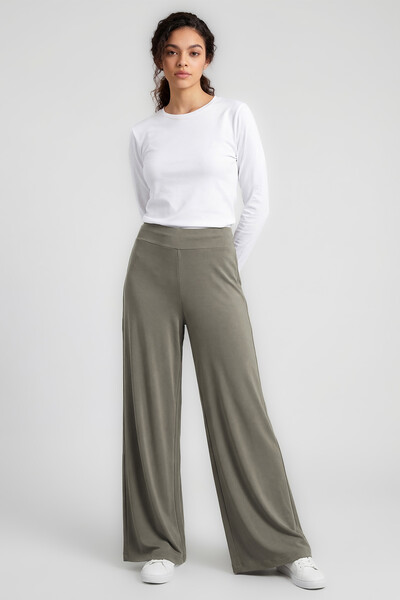 TOMMYLIFE - Tommylife Toptan Koyu Bej Comfort Fit Geniş Paça Korsajlı Palazzo Kadın Pantolon - 94681
