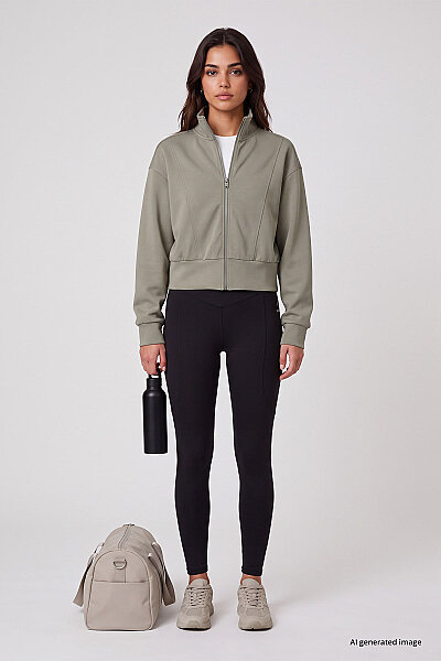 Tommylife Toptan Koyu Bej Dik Yaka Standart Kalıp Crop Kadın Sweatshirt - 97317