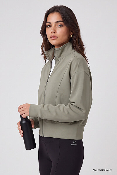 Tommylife Toptan Koyu Bej Dik Yaka Standart Kalıp Crop Kadın Sweatshirt - 97317 - 4