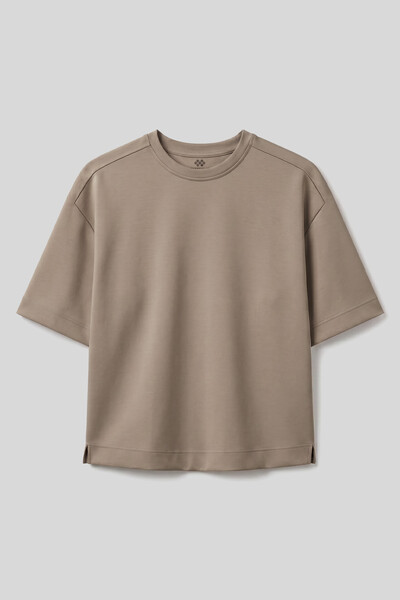 TOMMYLIFE - Tommylife Toptan Koyu Bej O Yaka Kısa Kollu Basic T-Shirt - 97316