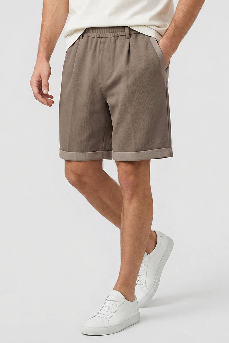 TOMMYLIFE - Tommylife Toptan Koyu Bej Oversize Fit Basic Kemer Detaylı Erkek Şort - 81285