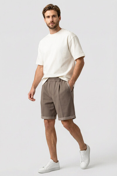 Tommylife Toptan Koyu Bej Oversize Fit Basic Kemer Detaylı Erkek Şort - 81285 - Thumbnail