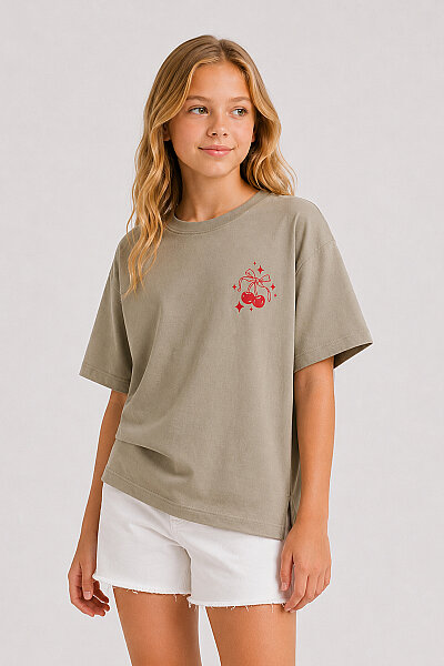 Tommylife Toptan Koyu Bej Oversize Kısa Kollu Baskılı Kız Çocuk T-Shirt - 75176
