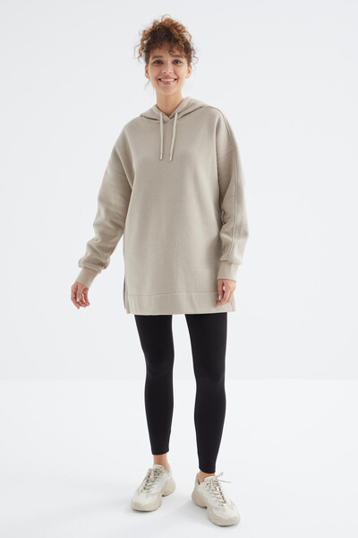 Tommylife Toptan Koyu Bej Reglan Kol Basic Kapüşonlu Oversize Tunik - 97242 - Thumbnail