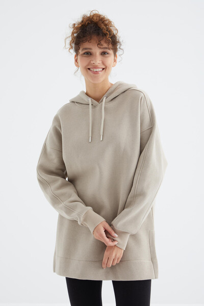 Tommylife Toptan Koyu Bej Reglan Kol Basic Kapüşonlu Oversize Tunik - 97242 - Thumbnail
