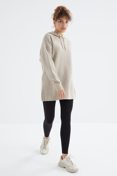 Tommylife Toptan Koyu Bej Reglan Kol Basic Kapüşonlu Oversize Tunik - 97242 - Thumbnail