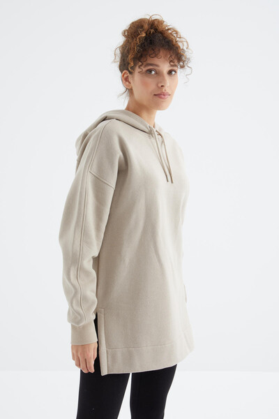 Tommylife Toptan Koyu Bej Reglan Kol Basic Kapüşonlu Oversize Tunik - 97242 - Thumbnail