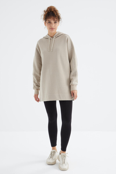 Tommylife Toptan Koyu Bej Reglan Kol Basic Kapüşonlu Oversize Tunik - 97242 - Thumbnail