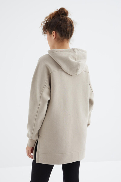 Tommylife Toptan Koyu Bej Reglan Kol Basic Kapüşonlu Oversize Tunik - 97242 - Thumbnail