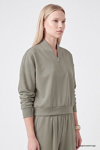 Tommylife Toptan Koyu Bej Standart Kalıp Crop Geniş Paça Kadın Eşofman Takım - 95359 - 2