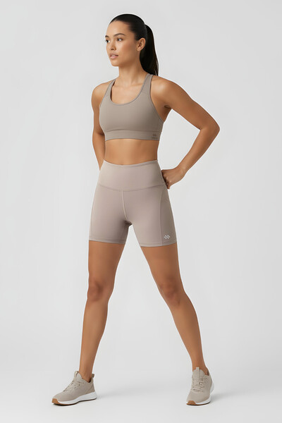 Tommlife Toptan Koyu Bej Yüksek Bel Slim Fit Kısa Biker Kadın Tayt - 91017 - Thumbnail