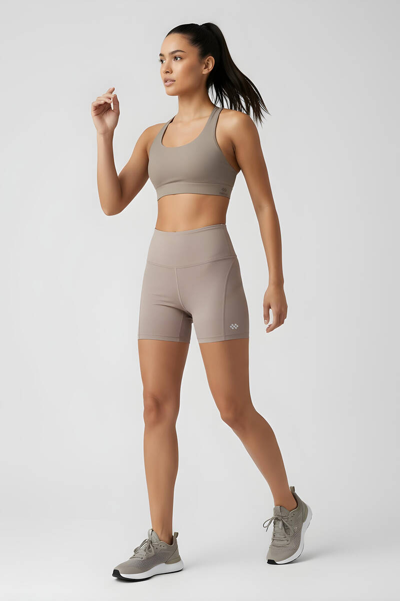 TOMMYLIFE - Tommlife Toptan Koyu Bej Yüksek Bel Slim Fit Kısa Biker Kadın Tayt - 91017