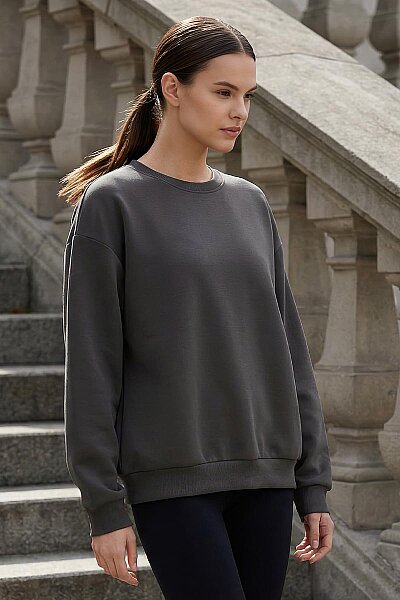 Tommylife Toptan Koyu Gri Basic O Yaka Oversize Kadın Sweatshirt - 97053