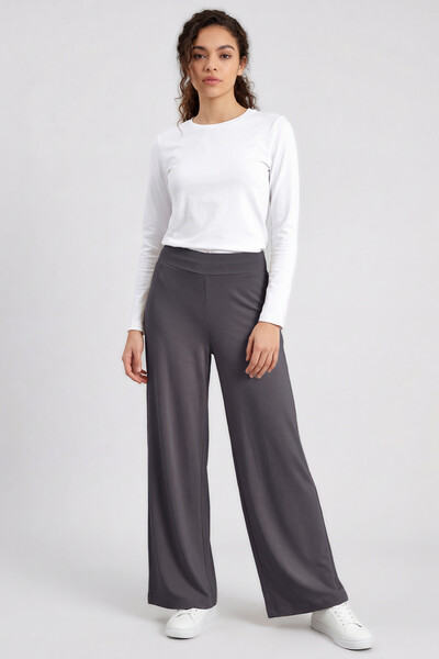 Tommylife Toptan Koyu Gri Comfort Fit Geniş Paça Korsajlı Palazzo Kadın Pantolon - 94681 - Thumbnail