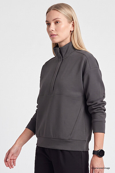 Tommylife Toptan Koyu Gri Dik Yaka Fermuarlı Rahat Form Kadın Sweatshirt - 97314 - 4
